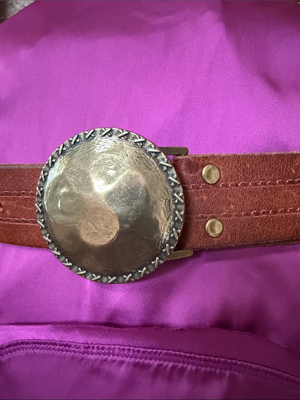 J. Crew Brown Leather Belt with Large Antiqued Brass Round Buckle